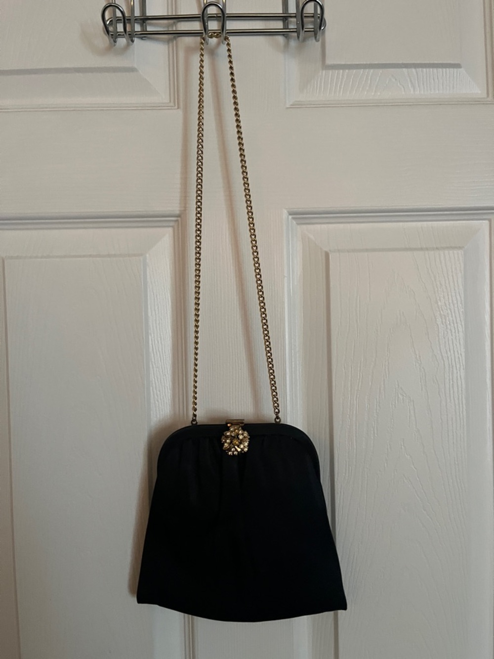 Black Mini Evening Bag with Gold Chain and Jewel Clasp
